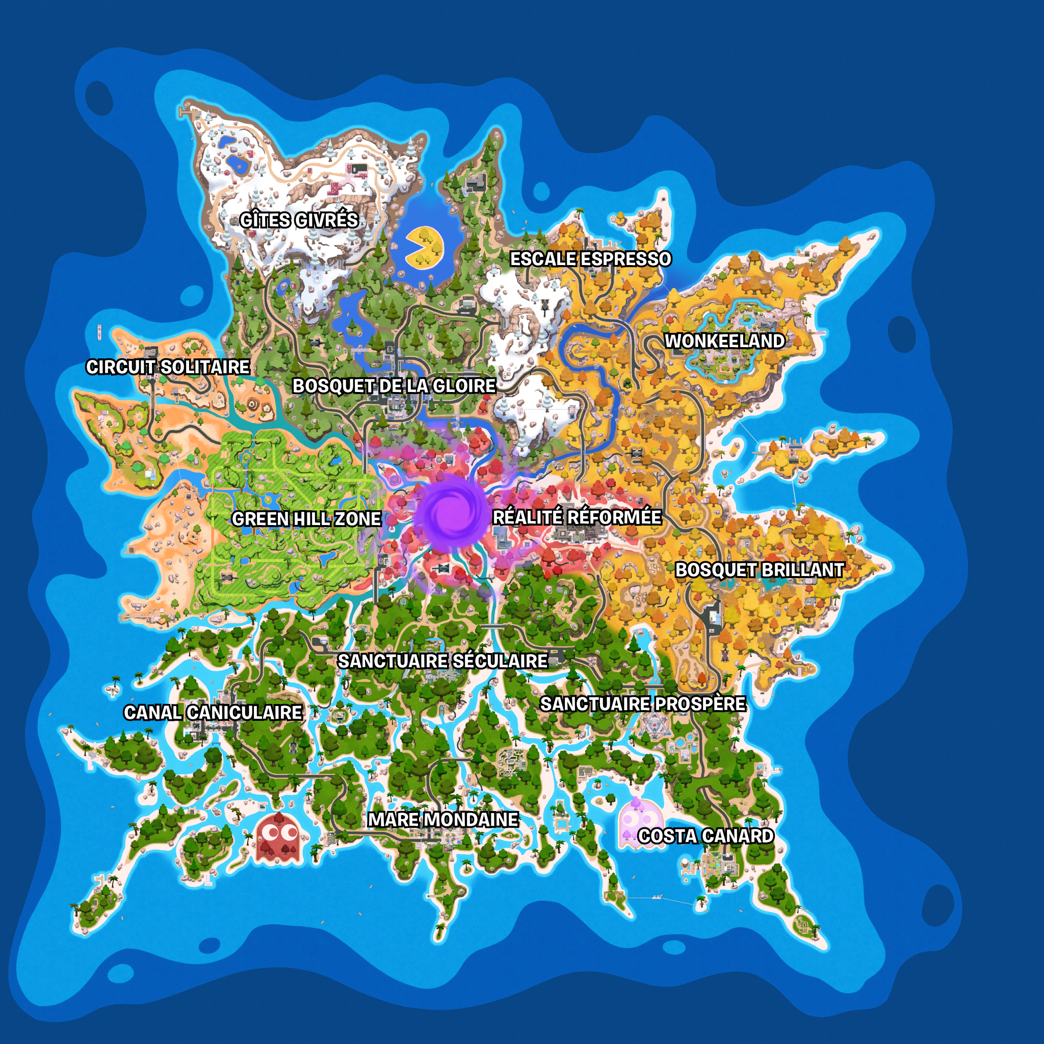 Carte officielle de Fortnite Chapitre 7 Saison 4 avec les noms de lieux en français