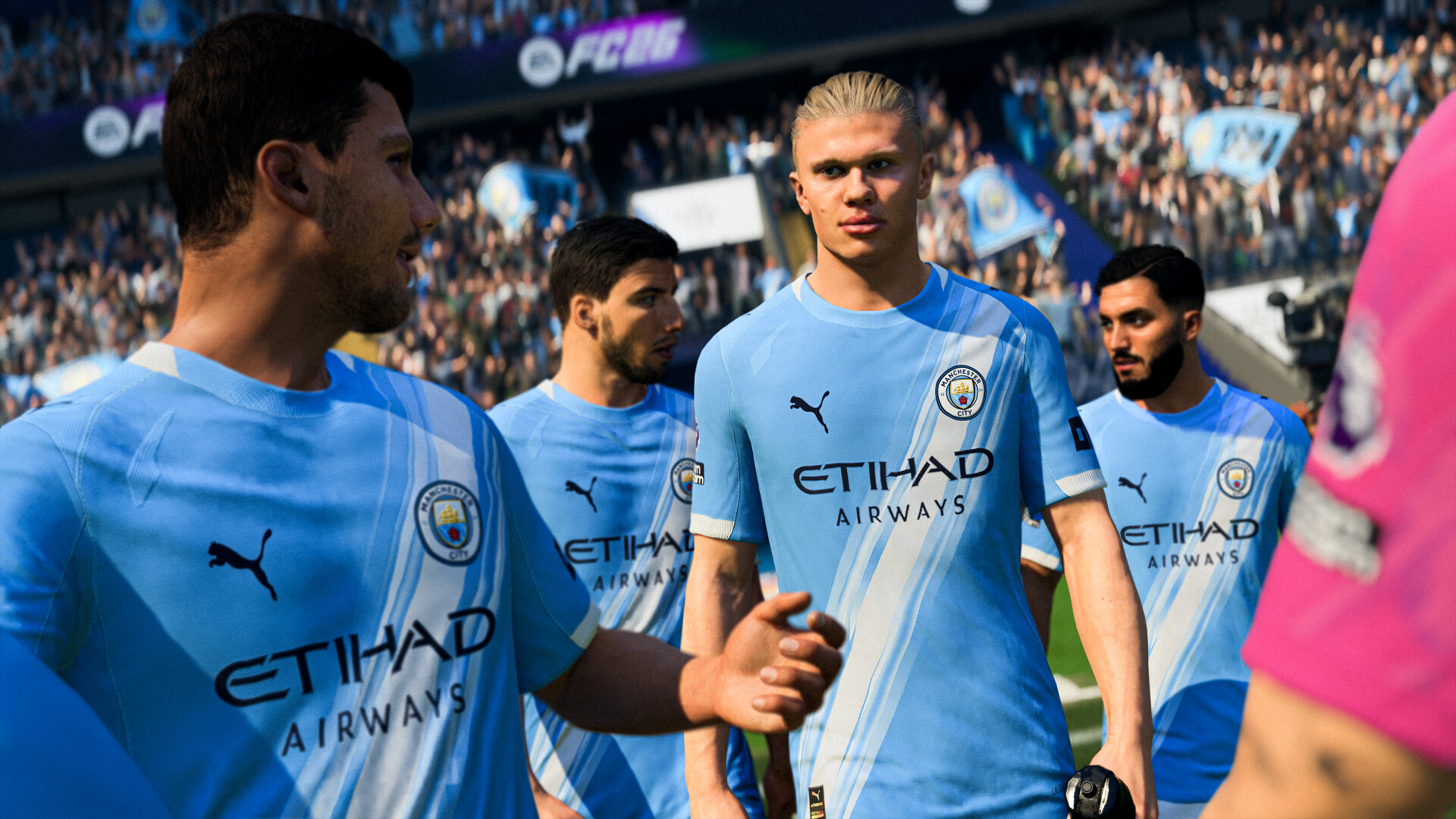 Joueurs de Manchester City à l'entrée du terrain dans EA Sports FC 26