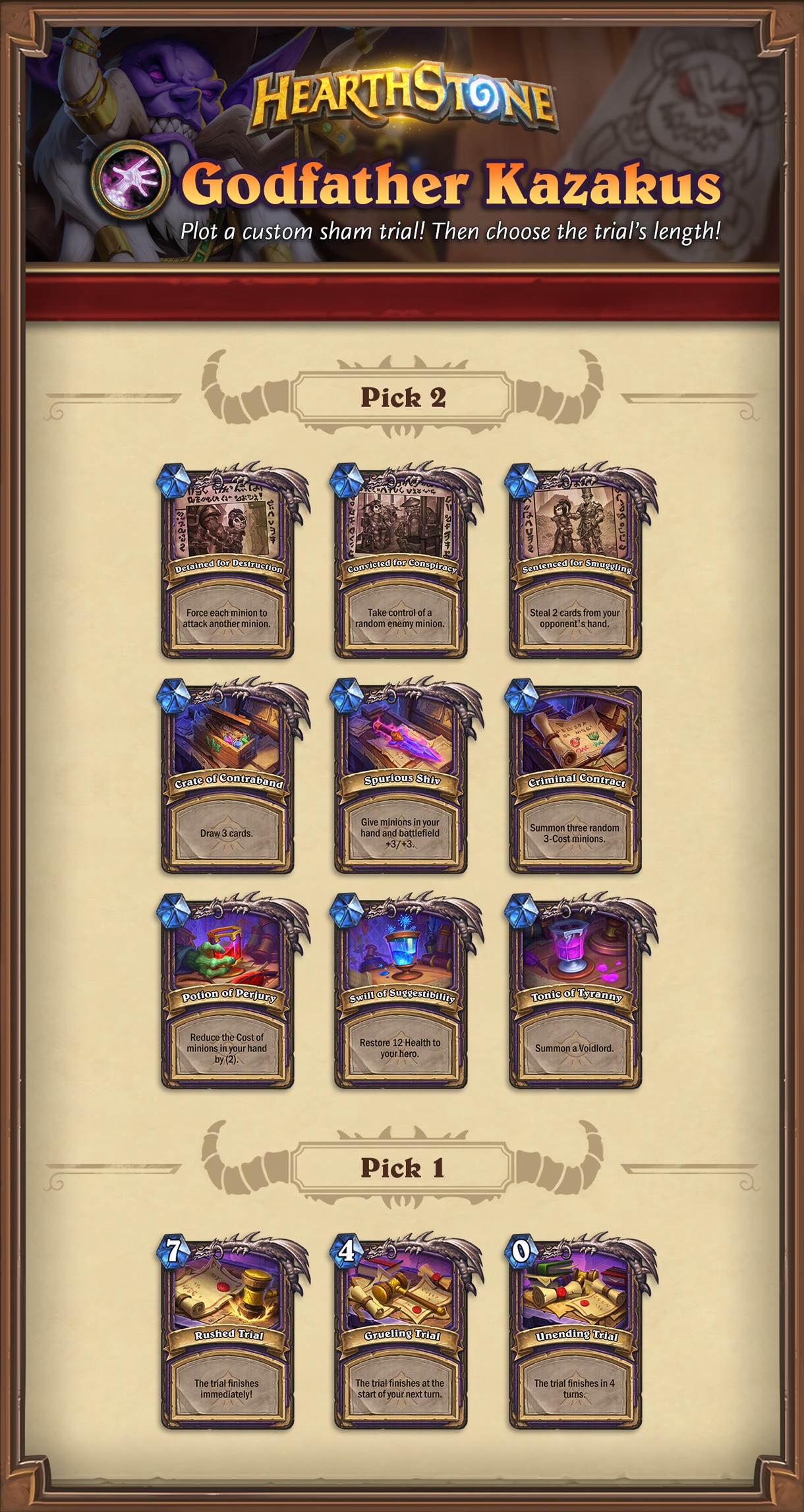 Infographie officielle Hearthstone présentant les options de carte personnalisée de Kazakus, réparties en deux sélections successives