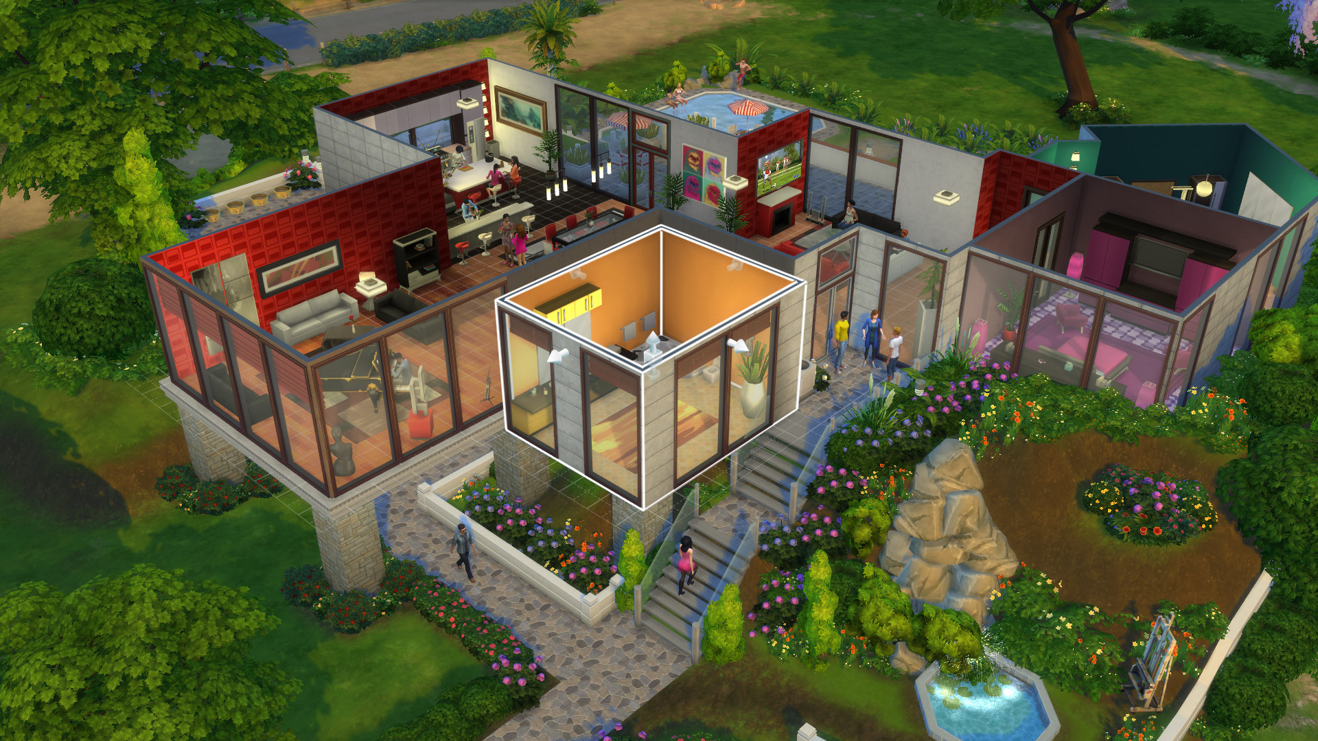 Des Sims réunis dans un intérieur des Sims 4