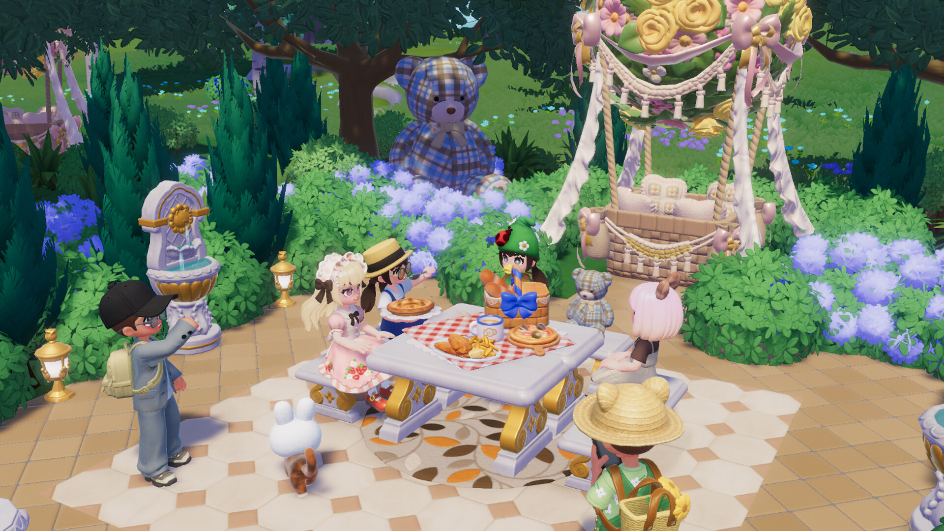 Plusieurs personnages d'Heartopia réunis autour d'une table de pique-nique dans un jardin fleuri, l'un d'eux prenant une photo