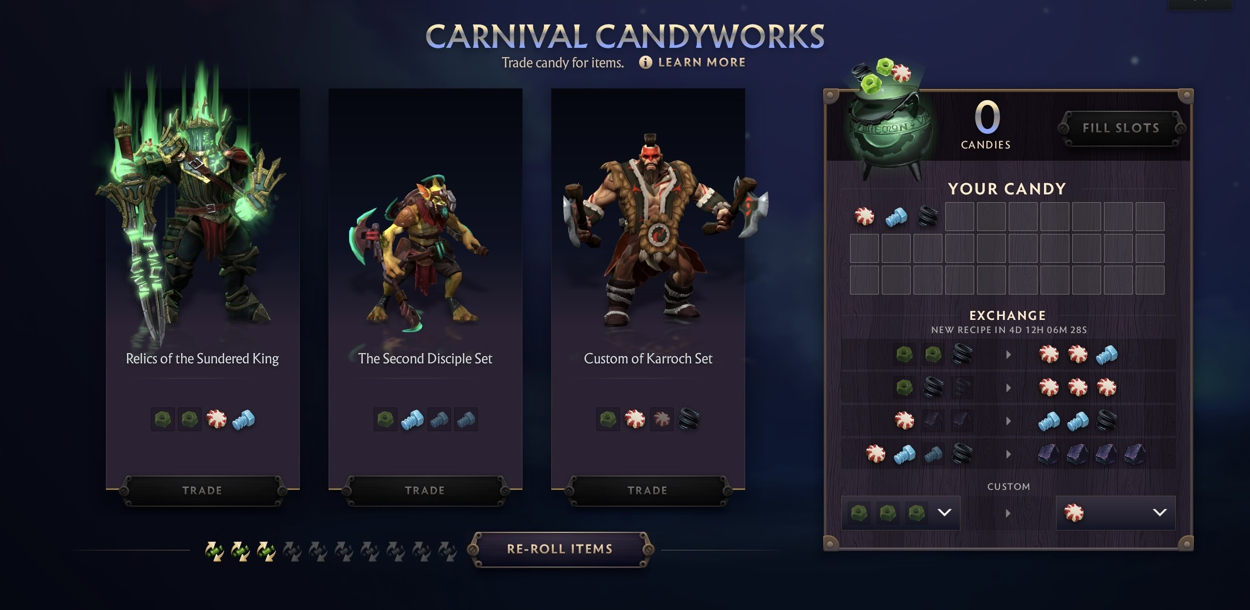 Interface du magasin de bonbons du Carnaval macabre dans Dota 2, avec trois ensembles proposés et le panneau d'échange de bonbons