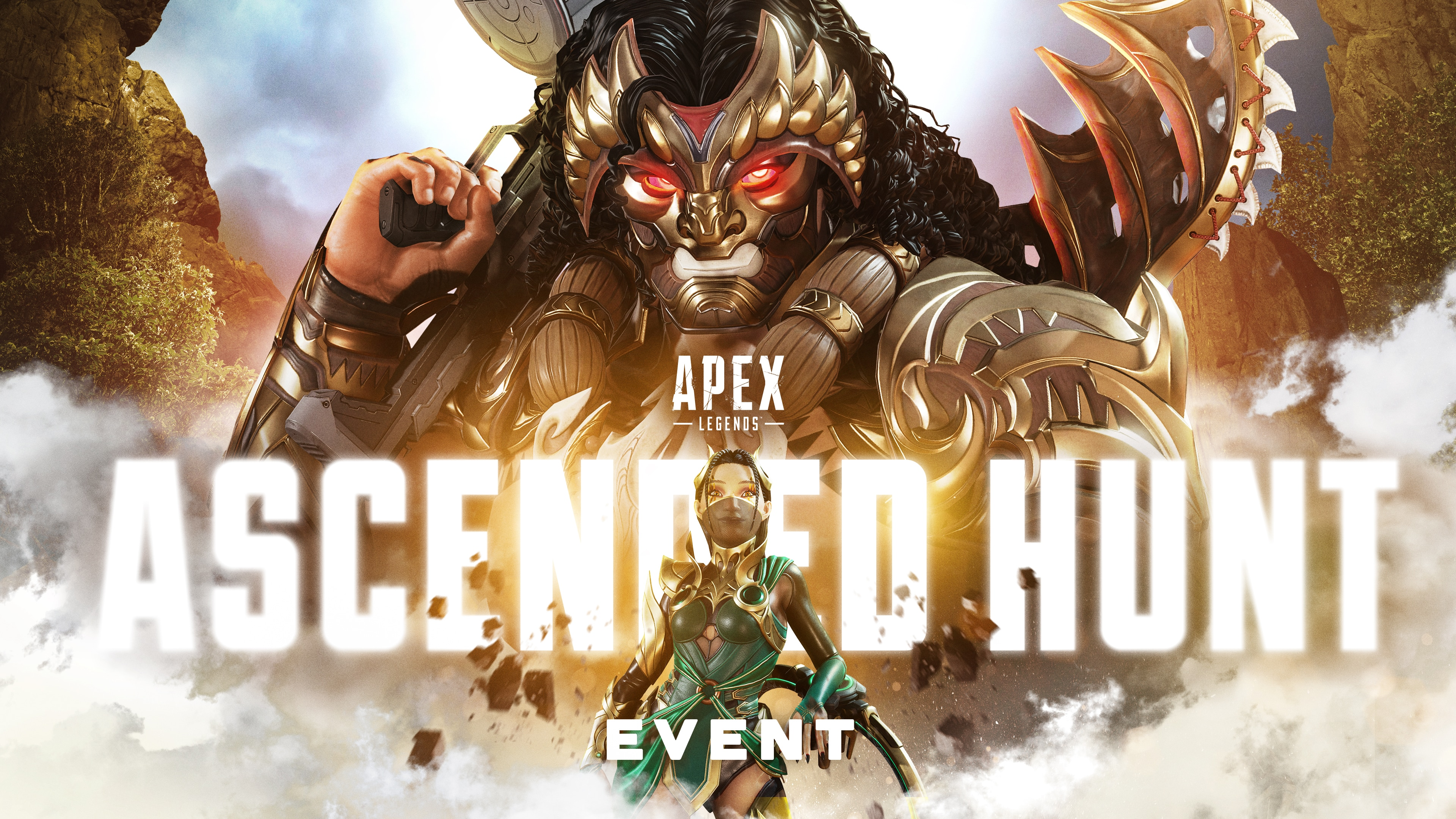 Illustration officielle de l'événement Traque avancée d'Apex Legends, montrant des Légendes parées d'ornements dorés
