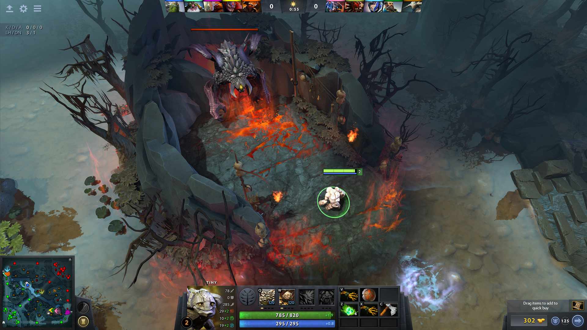 La fosse de Roshan sur Dota 2, avec le héros Tiny posté devant le monstre neutre au tout début d'une partie.