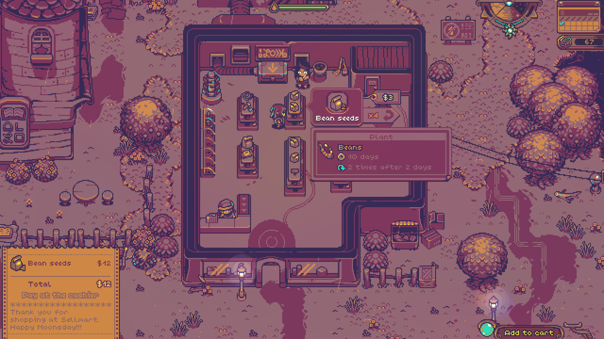 Magasin en pixel art aux teintes roses, avec un panier d'achat et une fiche de graines de haricots rédigée en anglais.