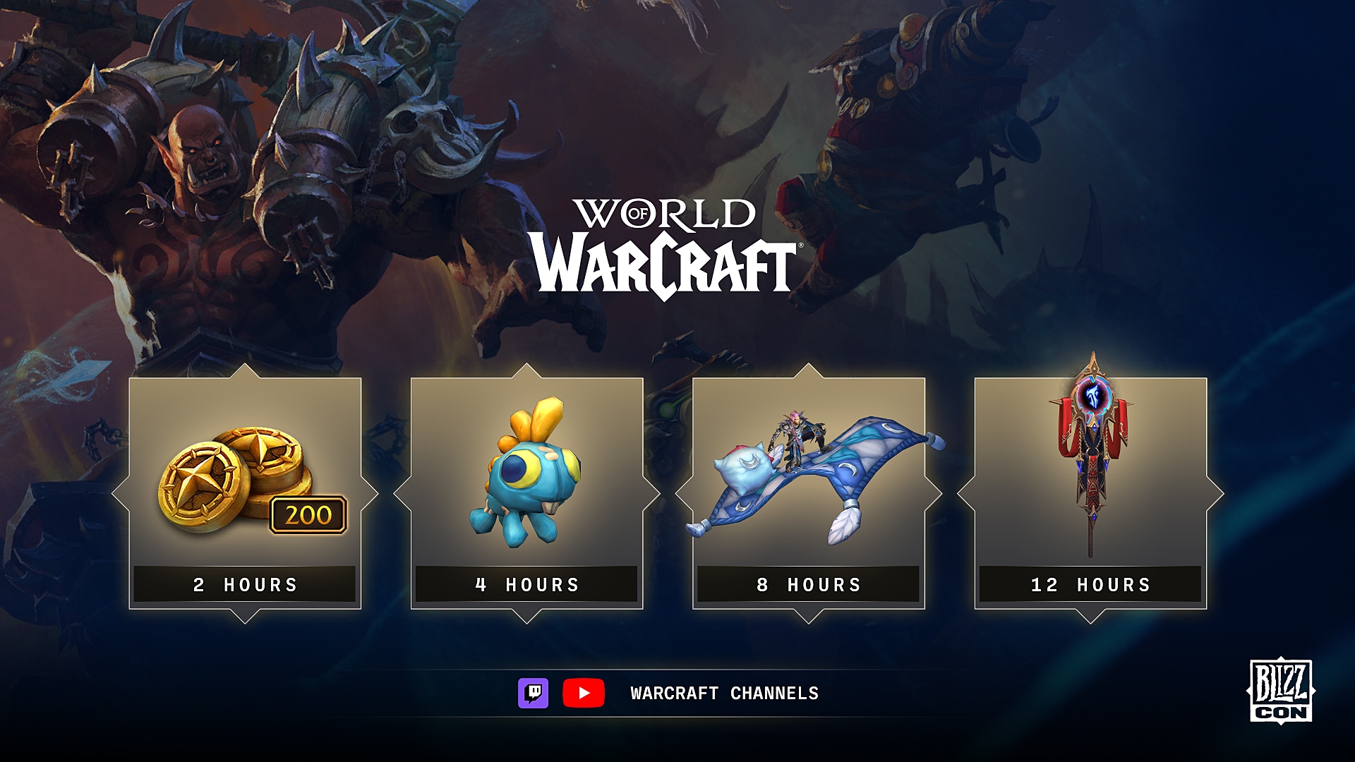 Les quatre récompenses de visionnage de la BlizzCon 2026 pour World of Warcraft, présentées sous les paliers de deux, quatre, huit et douze heures
