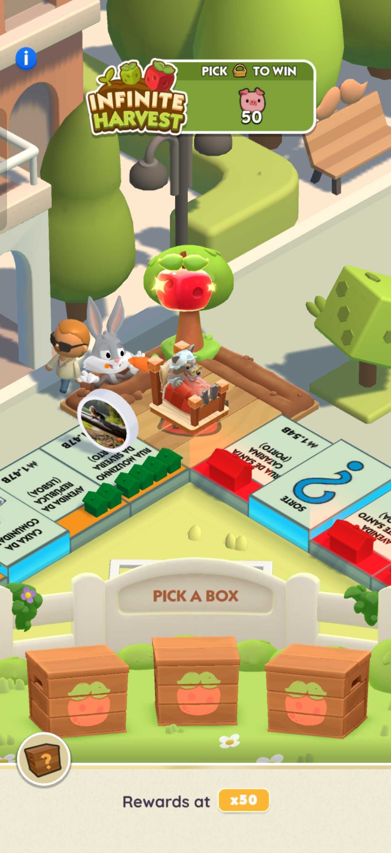 Capture d'écran du mini-jeu Récolte infinie de MONOPOLY GO! : trois boîtes en bois à choisir sous le logo Infinite Harvest, Bugs Bunny installé sur la case parc gratuit et un compteur de récompenses en bas de l'écran