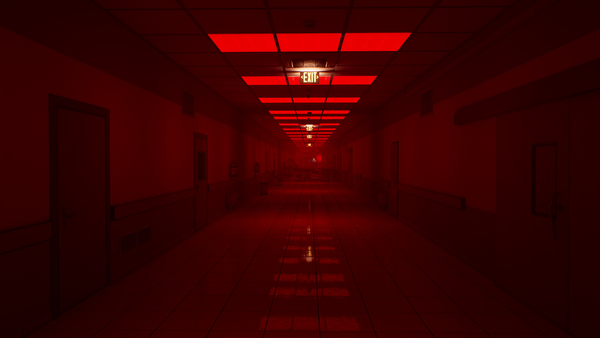 Long couloir carrelé baigné d'un éclairage de secours rouge dans Escape the Backrooms