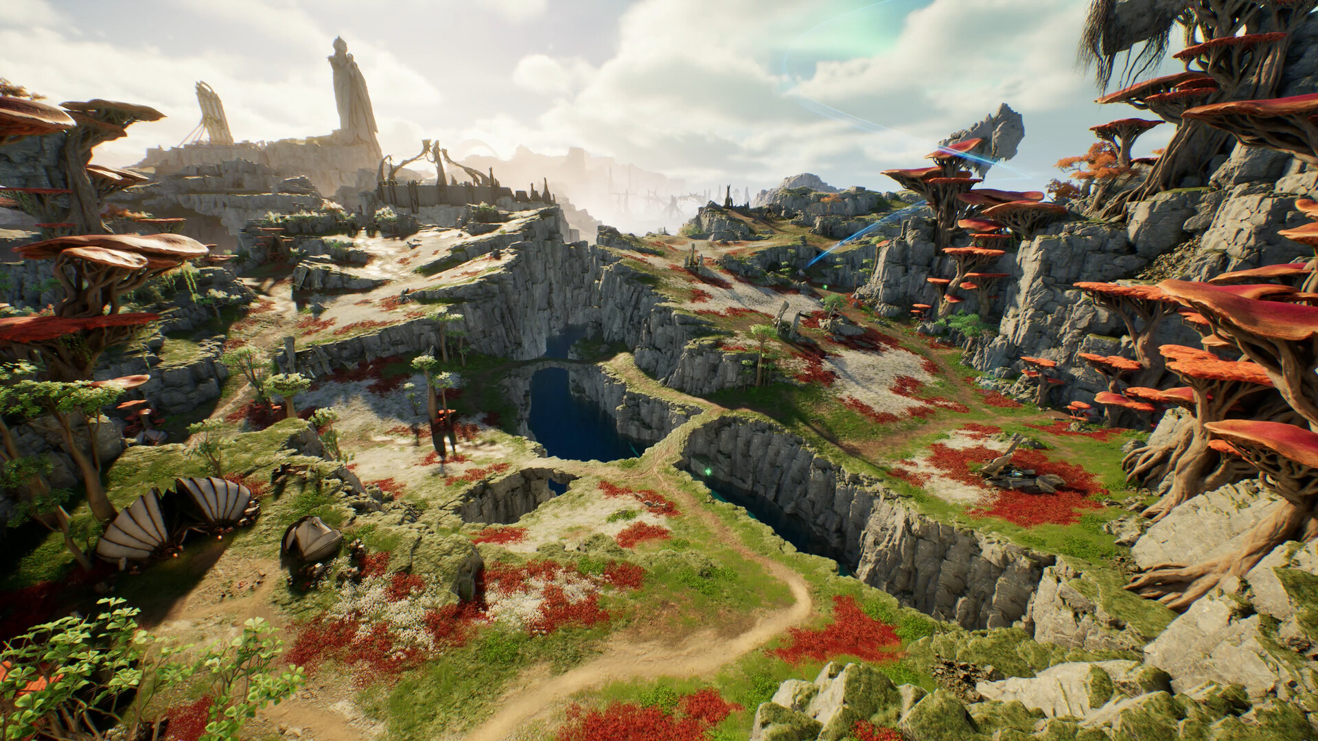 Panorama du monde ouvert d'AION 2 : falaises rocheuses, arbres en forme de champignons rouges et statue colossale au loin