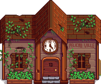 Le bâtiment du Centre communautaire de Pélican Ville, en ruine, dans Stardew Valley
