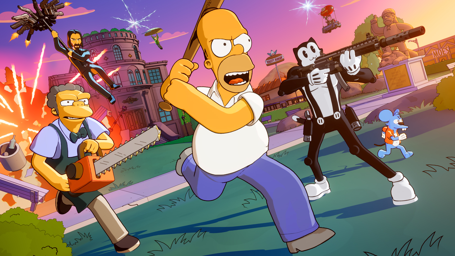 Visuel officiel du crossover Les Simpson et John Wick dans le mode Recharge de Fortnite