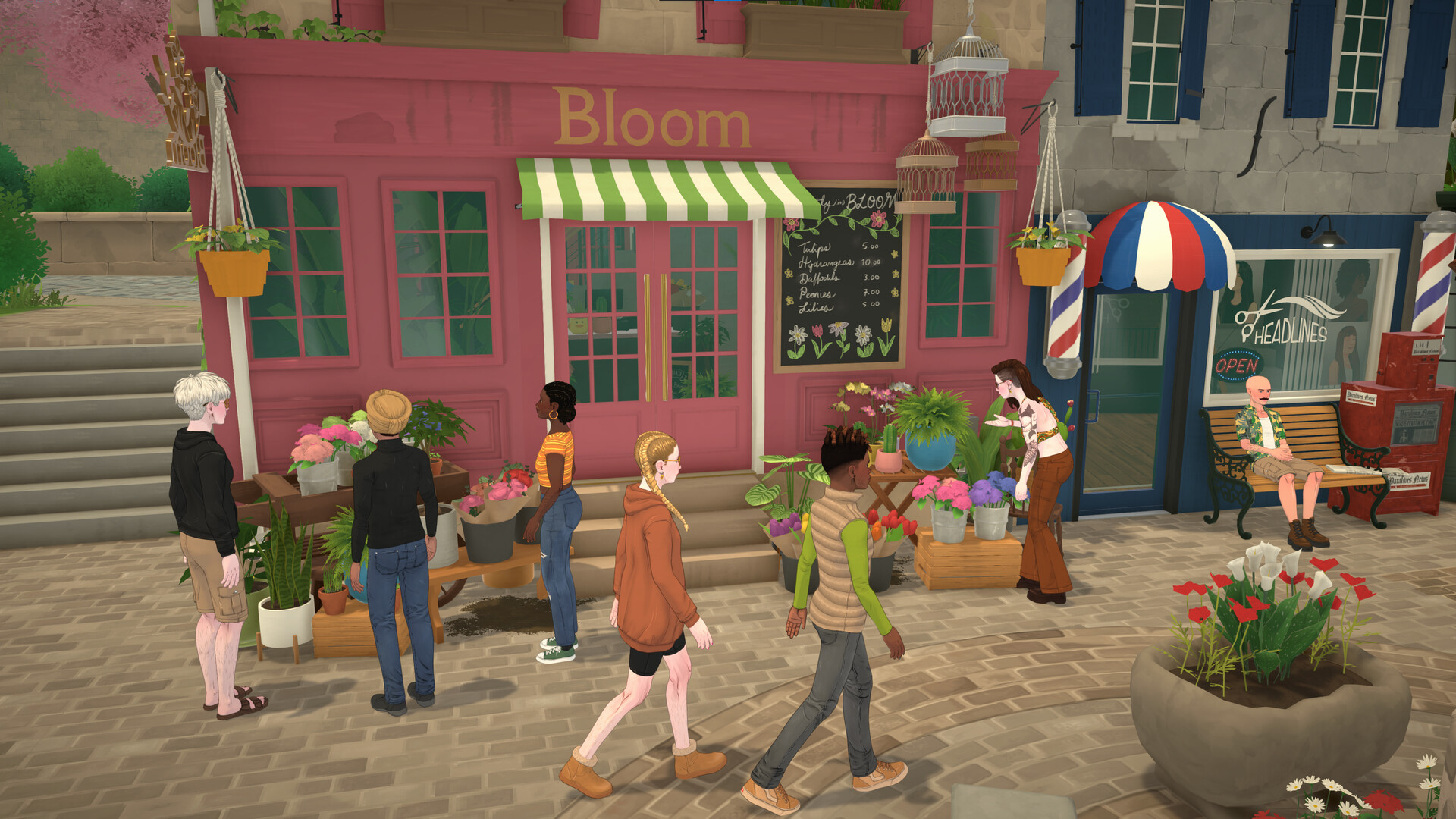 Des Paras se promènent devant la boutique de fleurs Bloom et le salon de coiffure Headlines, dans le centre de Melino