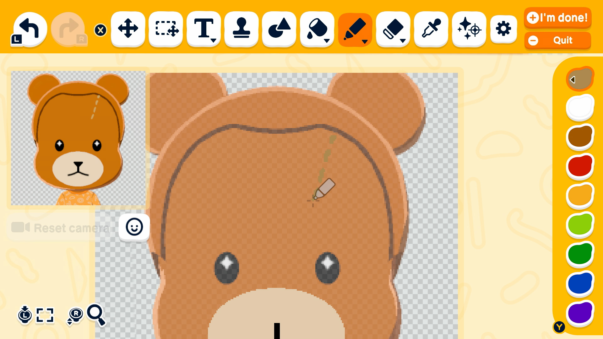 L'éditeur de dessin de l'atelier de création de Tomodachi Life : Une vie de rêve, avec un ourson en cours de coloriage