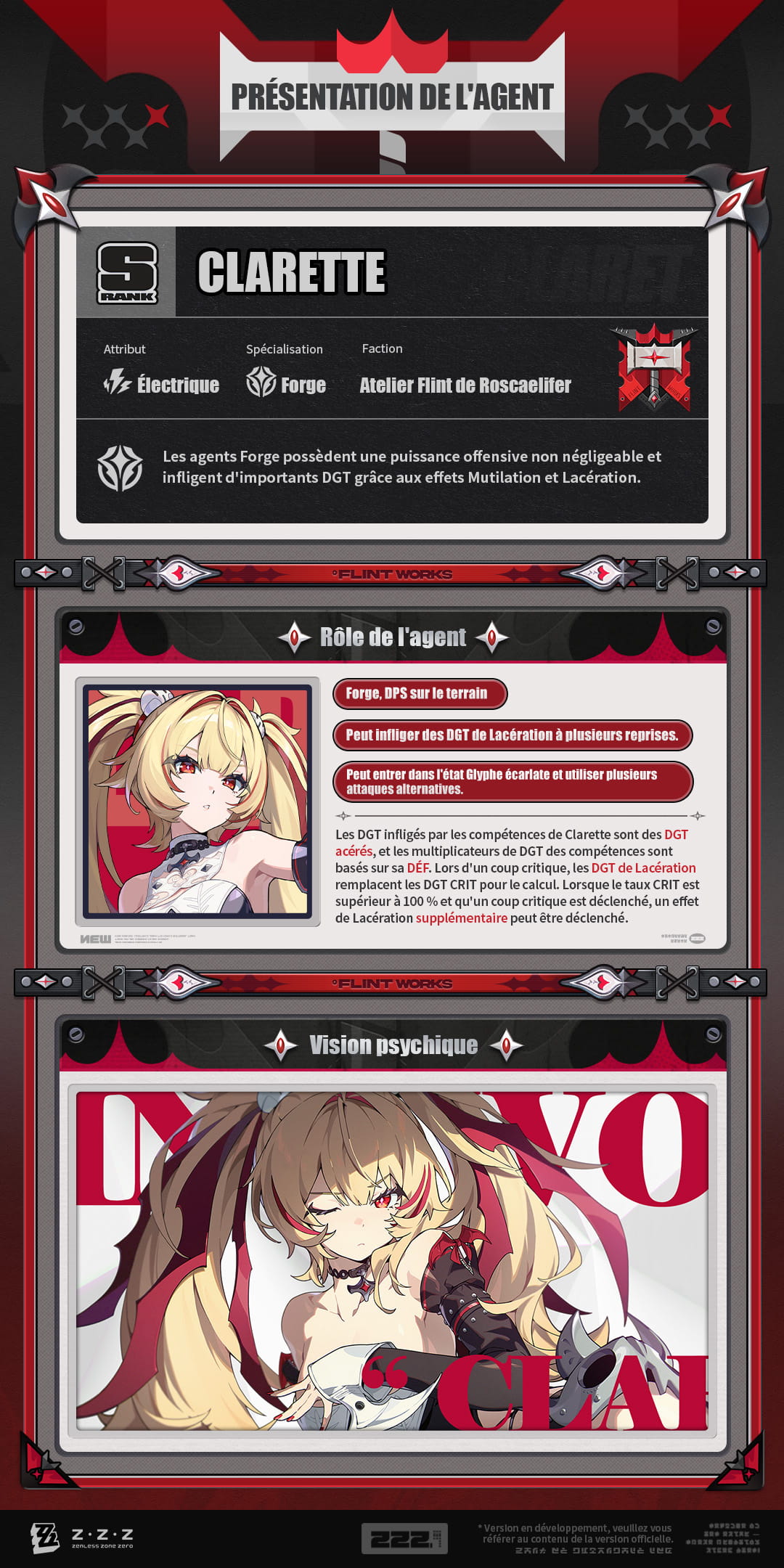 Infographie officielle française présentant Clarette : rang S, attribut Électrique, spécialisation Forge, faction Atelier Flint de Roscaelifer