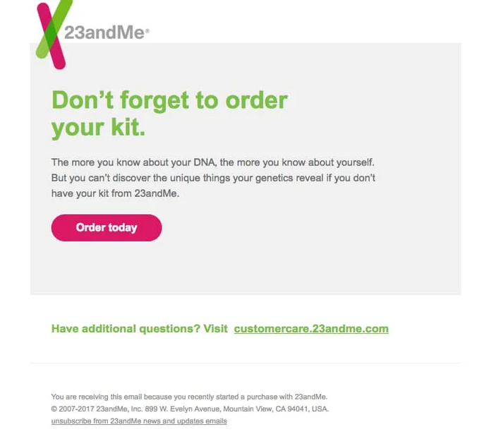 Blog - 3 steps to integrate email marketing into the customer journey - Example of Cart Abandonment email from 23andme