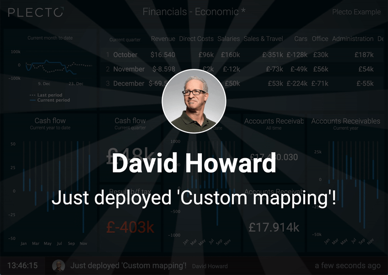 Developer team notification on a dashboard with text: Just deployed "Custom mapping"!
