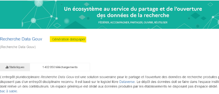 Capture d'écran de la page d'accueil de l'entrepôt avec la mention Générer datapaper surlignée