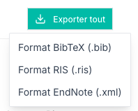 Liste déroulante des options d'export avec 3 entrées : Format BibTeX, Format RIS, Format EndNote