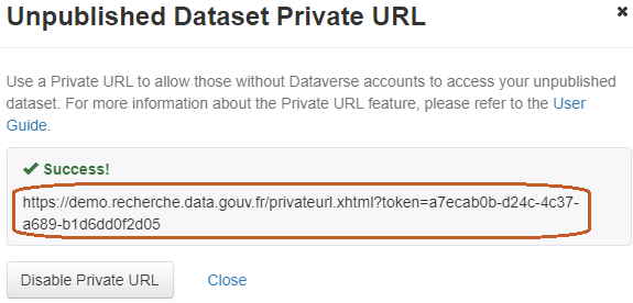 The private URL of the dataset is generated and can be used