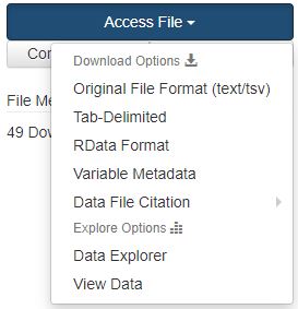 Download options for a tabular file: Original file format, tab-delimited, RData format, variable metadata and data file citation