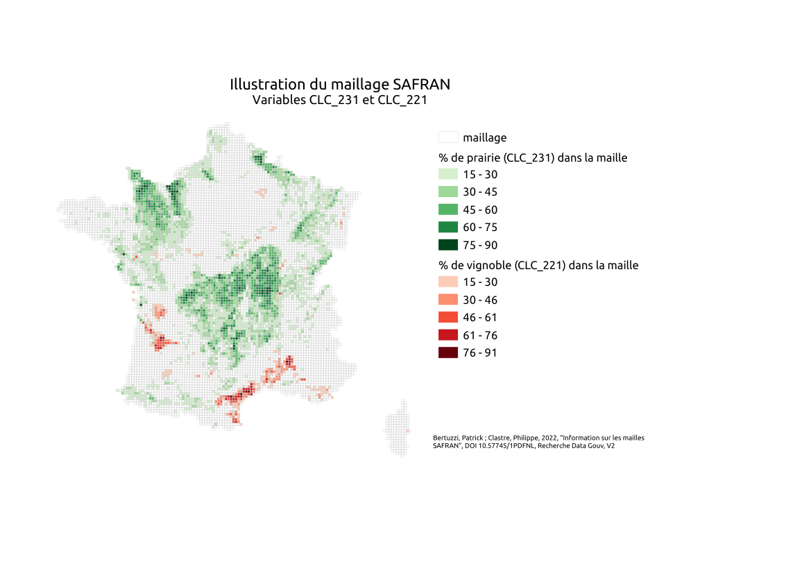 GeoPackage des mailles SAFRAN (Météo-France) en France métropolitaine, intégrant des variables administratives, agricoles et hydriques