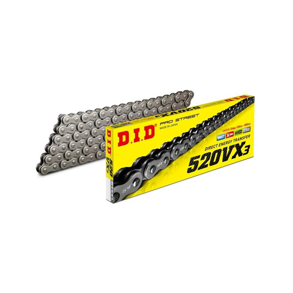 Chaine DID pas de 520 type VX3 X-Ring Or/brut + attache semi-pressée
