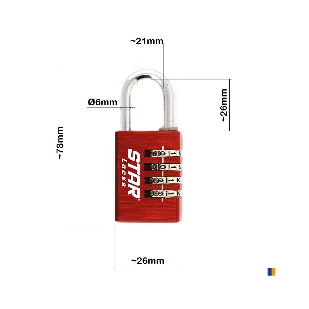 Cadenas à combinaison Star Locks - 4 chiffres - 26x78 mm - rouge