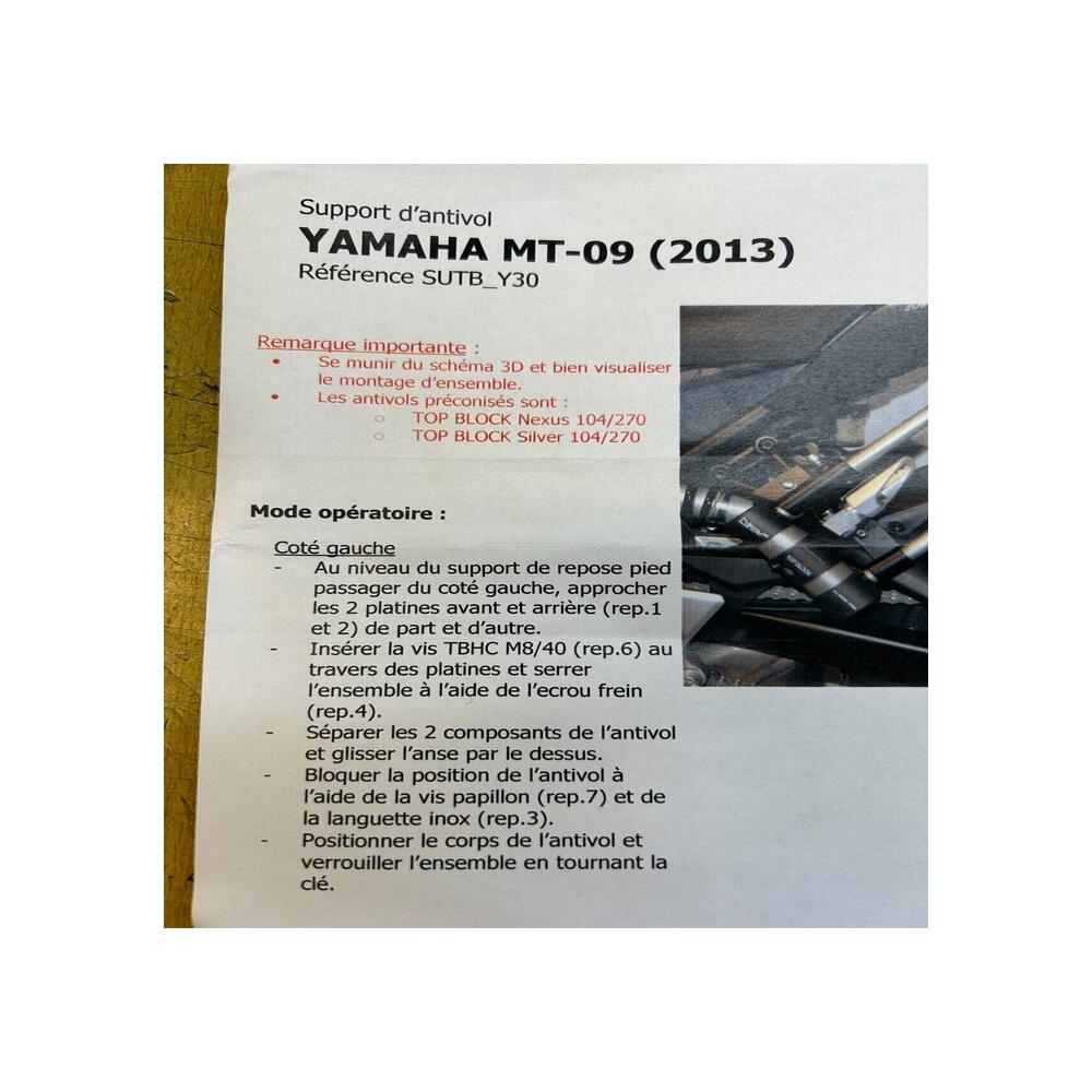 SUPPORT ANTIVOL MOTO TOP BLOCK sutb_y30 YAMAHA MT-09 2014 2020 sutby30