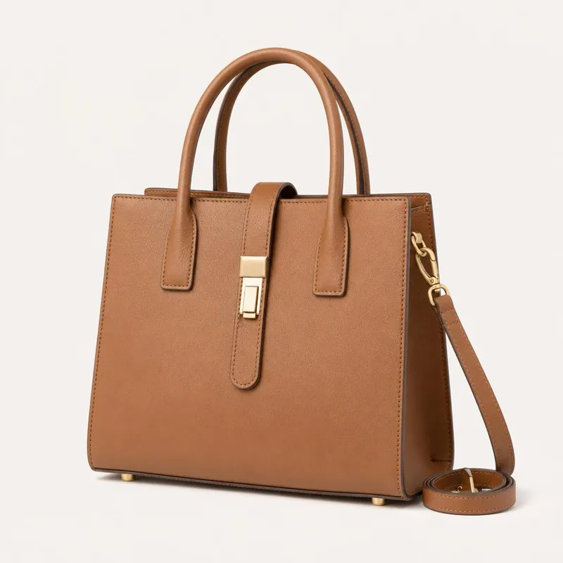 Structured tan leather tote bag, SealTrust demonstration product