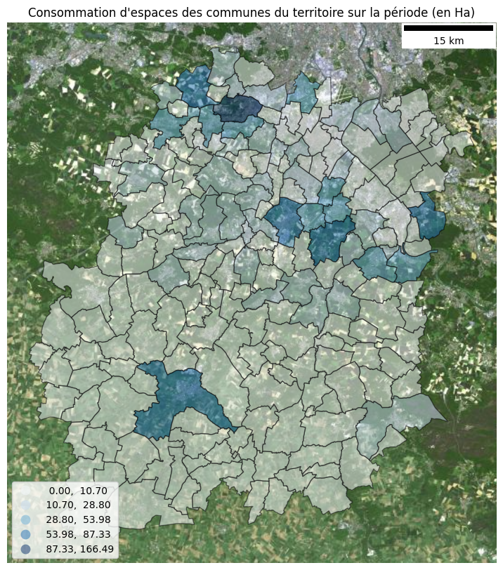 Carte consommation d'espaces des communes du territoire sur la période (en Ha)