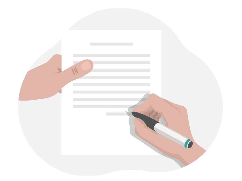 Es sind zwei Hände zu sehen. Die linke Hand hält ein beschriebenes Blatt Papier. Die rechte Hand hält einen Stift und ist dabei, den Vertrag zu unterschreiben.