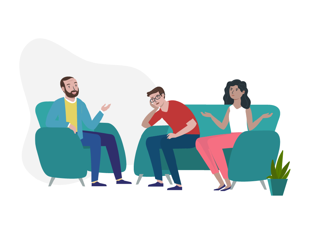 Mann und Frau sitzen auf Sofa bei Paartherapeut