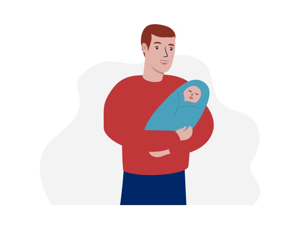 Vater hält Baby in den Armen. Er sieht glücklich aus.