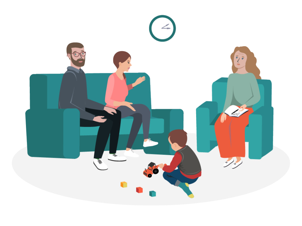 Mann und Frau sitzen auf Sofa bei Therapeutin, Kind spielt davor