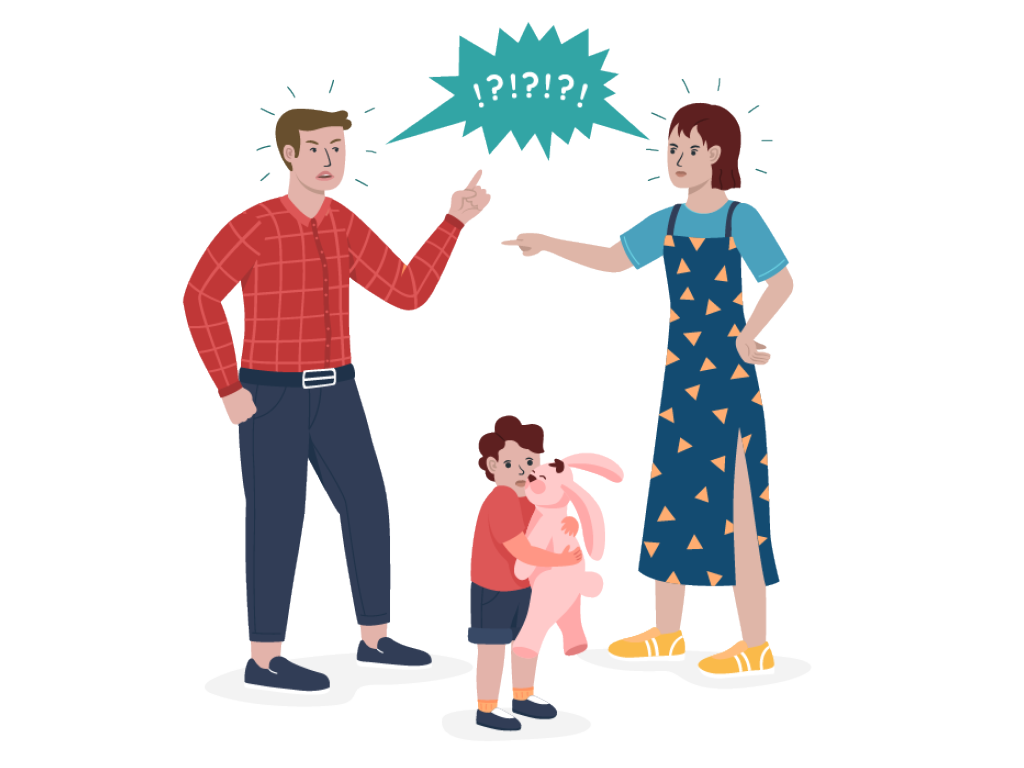 Mann und Frau streiten, Kind steht davor