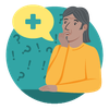 Rundes Icon, das für den Bereich "Anlaufstellen und Hilfen" steht. Gezeigt wird ein Mann mit ratloser Mimik und einer Sprechblase mit einem Erste-Hilfe-Kreuzsymbol. Im Hintergrund sind Frage- und Ausrufenzeichensymbole zu sehen.