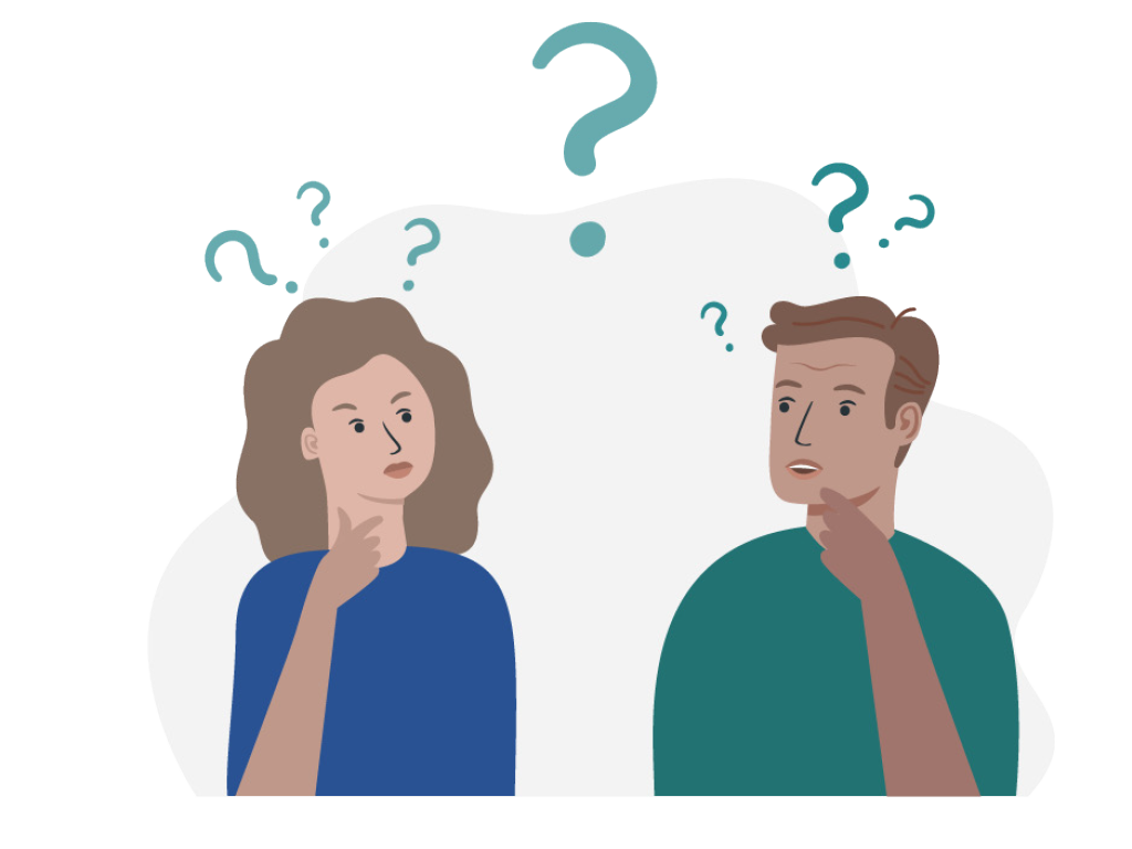 Mann und Frau mit vielen Fragezeichen über Kopf