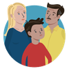 Rundes Icon, das für den Inhaltsbereich "Fair trennen und gemeinsam erziehen" steht. Gezeigt wird eine Familie in Halbfrontalansicht. Mutter und Vater blicken mit sorgenvoller Mimik, ihr Sohn im Vordergrund zeigt einen traurigen Gesichtsausdruck.