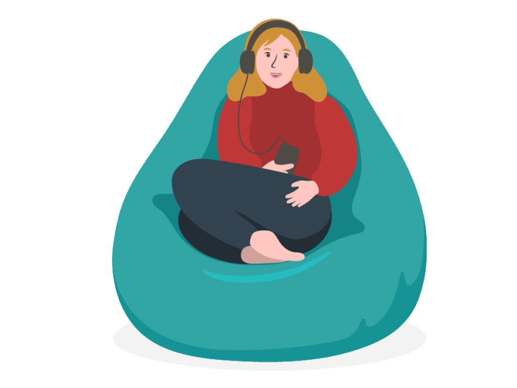Mädchen mit Kopfhörern sitzt auf Sitzsack