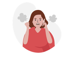 Frau, die Handy am Ohr hält und eine Hand zu einer Faust ballt. Neben ihren Ohren quillt Rauch. Sie sieht erbost aus.
