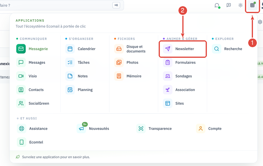 La grille d'applications ouverte depuis le bouton en haut à droite de la messagerie (1), avec l'application Newsletter dans la colonne Animer et gérer (2)
