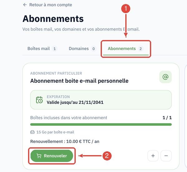 La page Abonnements : l'onglet Abonnements (1) et le bouton Renouveler (2) sur la carte de l'abonnement, sous la date d'expiration