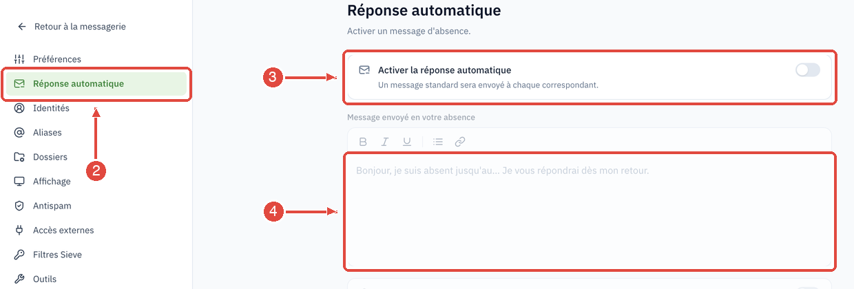 L'écran Réponse automatique des paramètres : l'entrée Réponse automatique dans le menu de gauche (2), l'interrupteur Activer la réponse automatique (3) et la zone du message envoyé en votre absence (4)