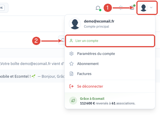 Le menu du compte, ouvert depuis l'avatar en haut à droite (1), avec l'entrée Lier un compte en haut de la liste (2)