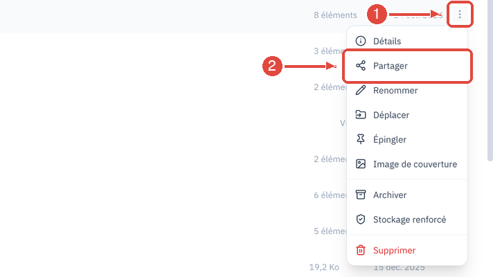 Le menu Actions d'un élément du Disque, ouvert depuis l'icône à trois points au bout de sa ligne (1), avec l'entrée Partager (2)