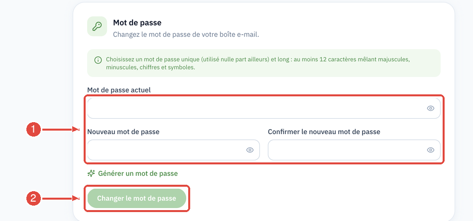 La section Mot de passe de la page Sécurité : les champs mot de passe actuel, nouveau mot de passe et confirmation (1), puis le bouton Changer le mot de passe (2)