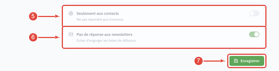 Le bas de l'écran Réponse automatique : l'option Seulement aux contacts (5), l'option Pas de réponse aux newsletters (6) et le bouton Enregistrer, en bas à droite (7)