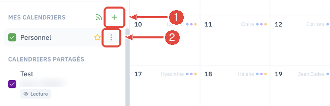 La barre latérale du calendrier : le bouton Nouveau calendrier, en forme de plus, à droite du titre Mes calendriers (1), et le menu d'un calendrier, en forme de trois points, qui apparaît au survol de son nom (2)