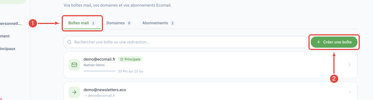 L'onglet Boîtes mail (1) de la page Abonnements et le bouton Créer une boîte (2), à droite du champ de recherche