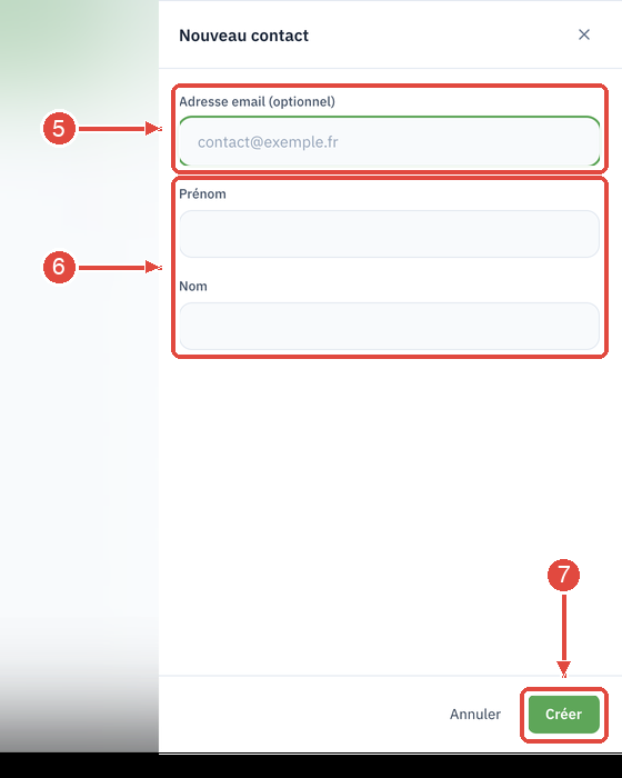 Le formulaire Nouveau contact de l'application Contacts : le champ Adresse email, indiqué optionnel (5), les champs Prénom et Nom (6), et le bouton Créer en bas à droite (7)